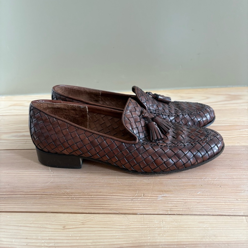 Vintage Talbots Brown Woven Leather Tassel Loafers - Picture 2 of 7